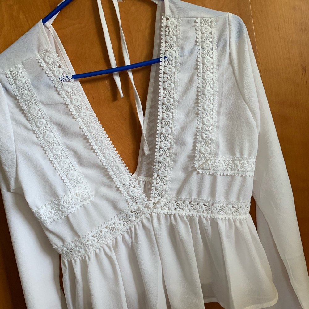 Shein Plunging V-neckline lace trim tie frill top